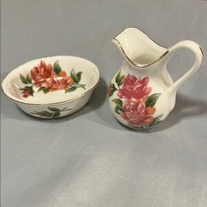 VINTAGE MINIATURE FLORAL PORCELAIN WASH BASIN BOWL & PITCHER BRINTON BONE CHINA